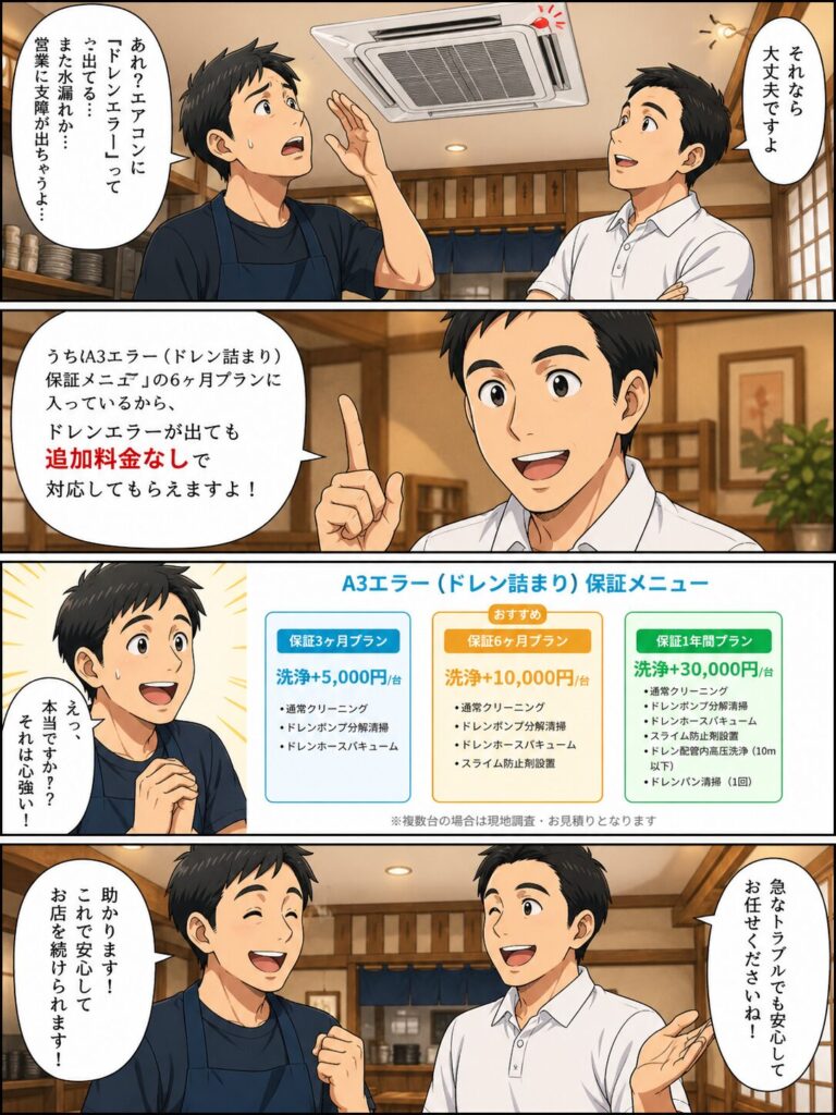 業務用エアコンA3エラー保証プランで飲食店オーナーが追加費用なしで解決した事例