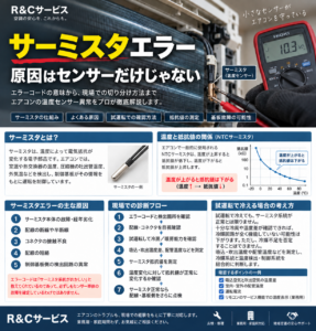 サーミスタエラーの原因と現場での診断フロー、試運転で冷える場合の考え方を解説した図